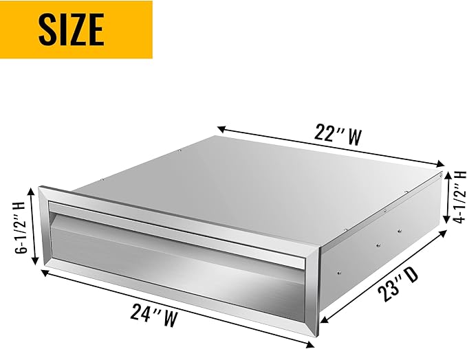 Outdoor Kitchen Drawers Stainless Steel 24W X 6.5H X 23D Inch, Flush Mount Single BBQ Island Drawers with Hidden Handle for Outdoor Kitchens, Patio or Grill Station