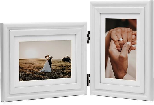 Horizontal & Vertical 5X7 Picture Frames Double Hinged Wood Folding Photo Frames with Real Glass Front Fit for Desktop or Tabletop Display Pictures 4x6 with Mat or 5x7 Without Mat, White