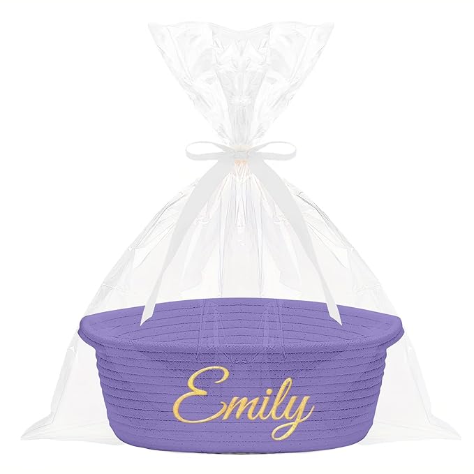 HUTARIO Personalized Woven Basket Embroidered Name with Gift Bags and Ribbons,Empty Small Rope Basket，Durable Storage Custom Purple Basket with Handles for Baby Showers,12"×8"×5"
