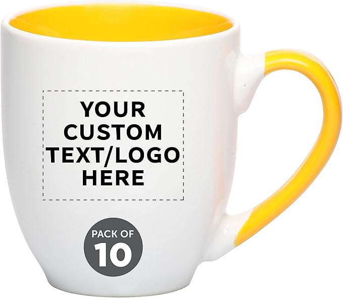 Custom Bistro Style Large Coffee Mugs 16 oz. Set of 10, Personalized Bulk Pack - Perfect for Coffee, Tea, Espresso, Hot Cocoa, Other Beverages - Yellow