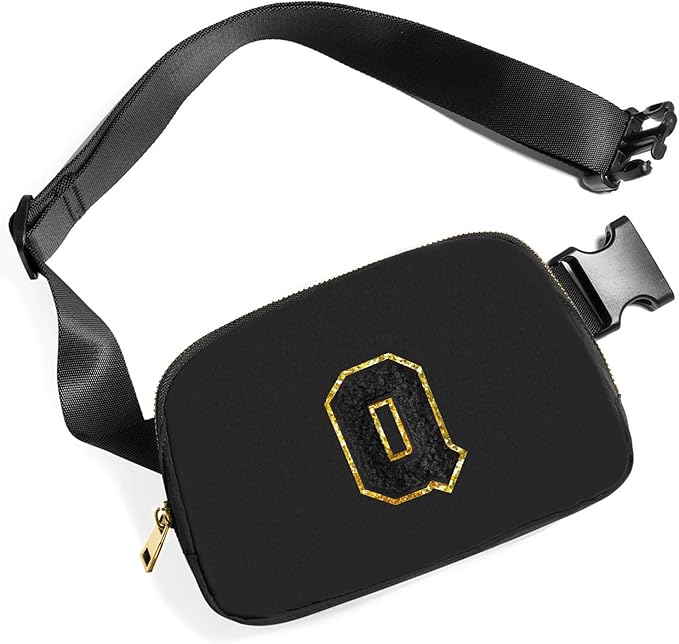 Gitus Belt Bag Fanny Pack Crossbody Bags with Initial Letter Patch Gifts for Wife Older Women Mother Coworker Bridesmaid Anniversary Travel Gifts Beach Gifts (Black-Q)