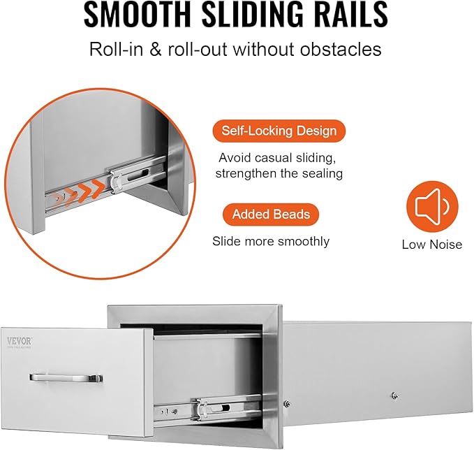 VEVOR Outdoor Kitchen Drawers 14W x 8.5H x 23D Inch, Outdoor Kitchen Cabinets with Stainless Steel Handle, Flush Mount Double Drawers, BBQ Island Drawers, Outdoor Kitchen Access Drawers