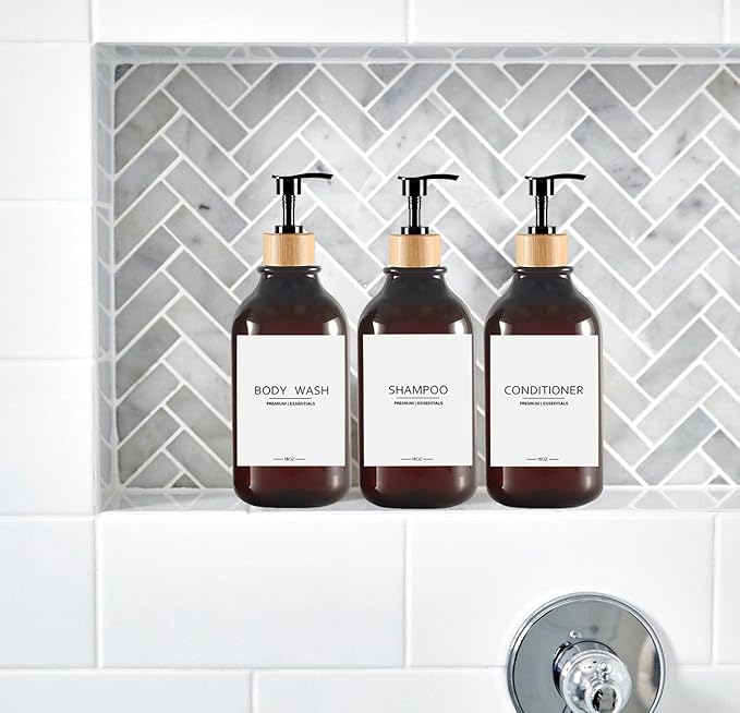Shower Shampoo and Conditioner Bottles, Apothecary Dispenser Bamboo Pump, Refillable Bottles for Lotion Oil Hand Soap and Dish Soap, Plastic Set (3 Bottles 9 Labels) (6, Amber)