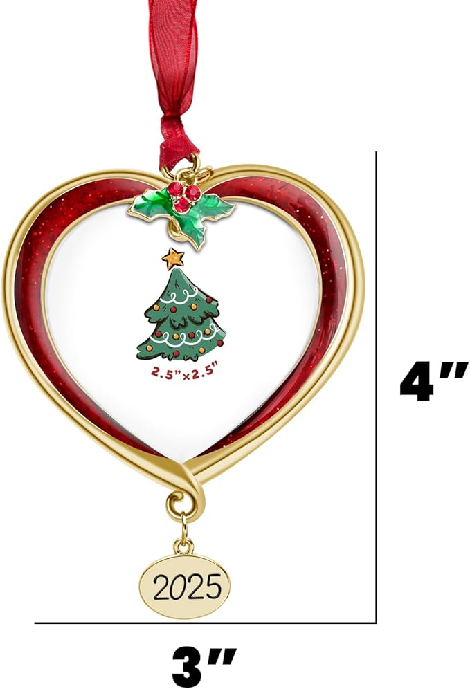 Christmas Tree Ornament Picture Frame Metal Hanging Pendant Holiday 2.5" Photo Frame Charm Decorative of Pets, Baby First Christmas, Family (2025 Red & Golden)