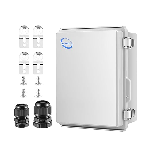 Waterproof Outdoor IP67 Junction Box (8.7"x6.7"x4.3") with Mounting Plate, Hinged Grey Cover and Wall Brackets - Weatherproof ABS Plastic Electrical Enclosure for DIY Projects (220x170x110mm)