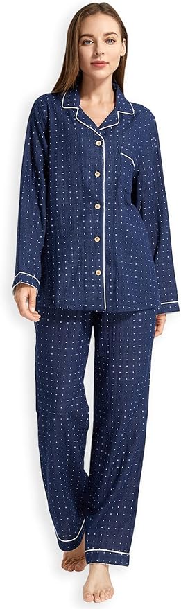 Womens Pajama Sets 100% Double Gauze Cotton Linen Like Muslin Pajamas Long Sleeve Button Down Sleepwear Soft Pjs Lounge Set