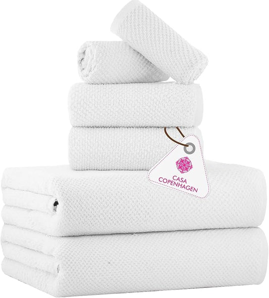 CASA COPENHAGEN Popcorn Textured 6 Pieces Towel Set- White, 550 GSM 2 Bath Towel 2 Hand Towel 2 Washcloth, Rough & Tough Use Cotton Towels Gift Set for Bathroom