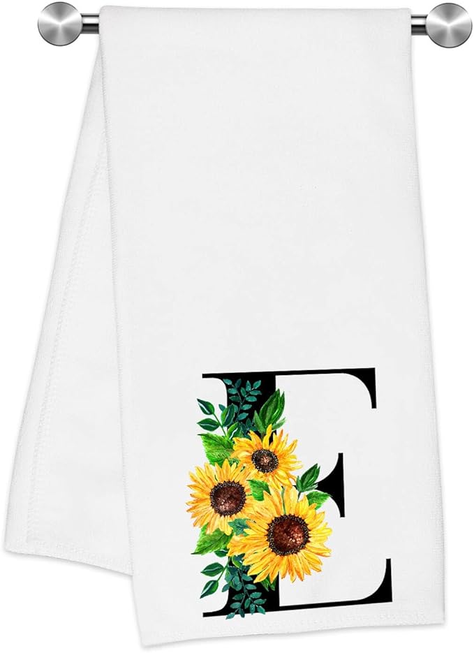Monogrammed Sunflower Hand Towels,Ini-tial E Tea Towel Letter Kitchen Towels,Sunflower Gifts for Women,Monogram Dish Towel 17x23 Inch,Kitchen Bathroom Decorative Ini-tial Gifts for Mom Wife