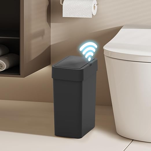 ELPHECO Bathroom Trash Can with Lid 2.5 Gallon Motion Sensor Slim Garbage Can Small Touchless Trash Bin Bathroom Decor 9.5 Liter Smart Waste Basket for Bedroom, Living Room, Toilet (Black)