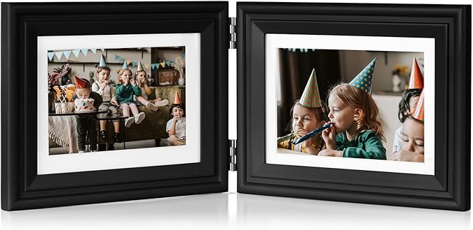 5x7 Double Horizontal Hinged Wood Picture Frame Folding Photo Frame with Real Glass Front in Black for Tabletop, Display 4x6 with Mat or 5x7 without Mat X2-HEI-2H57