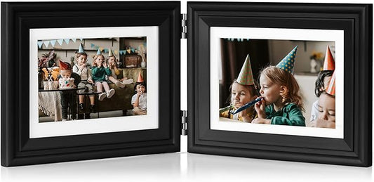 5x7 Double Horizontal Hinged Wood Picture Frame Folding Photo Frame with Real Glass Front in Black for Tabletop, Display 4x6 with Mat or 5x7 without Mat X2-HEI-2H57