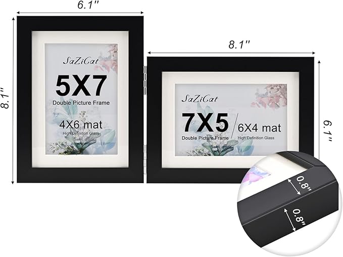 Double Hinged 5x7 Picture Frame with Tempered Glass-Tabletop or Wall Mounted, Display for 4x6 & 5x7 Photos (with/without Mat)-Classic Black, For Family Photos & Wedding Memories-H5775