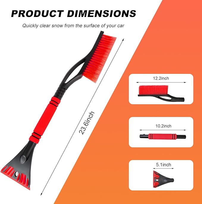 Snow Brush and Ice Scraper for Car Windshield, 23.6" Scratch Free Auto Scraper Soft Bristle Brush with Ergonomic Grip, Detachable Winter Snow Removal Tool for Cars Trucks SUVs (Red)