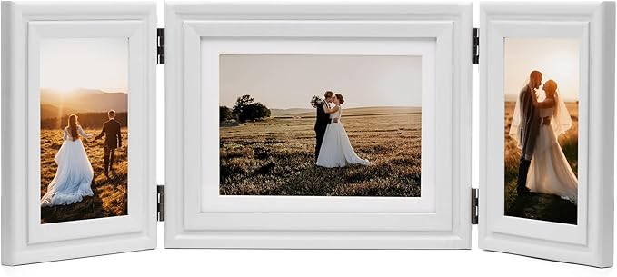 3 Vertical Horizontal 4X6 and 5X7 Picture Frames Hinged Wood Folding Photo Frames with Real Glass Front Fit for Desktop or Tabletop, White XBAI-V46H75V46