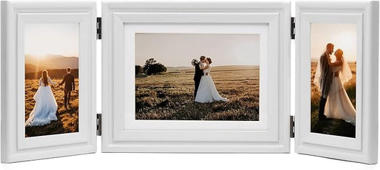 3 Vertical Horizontal 4X6 and 5X7 Picture Frames Hinged Wood Folding Photo Frames with Real Glass Front Fit for Desktop or Tabletop, White XBAI-V46H75V46