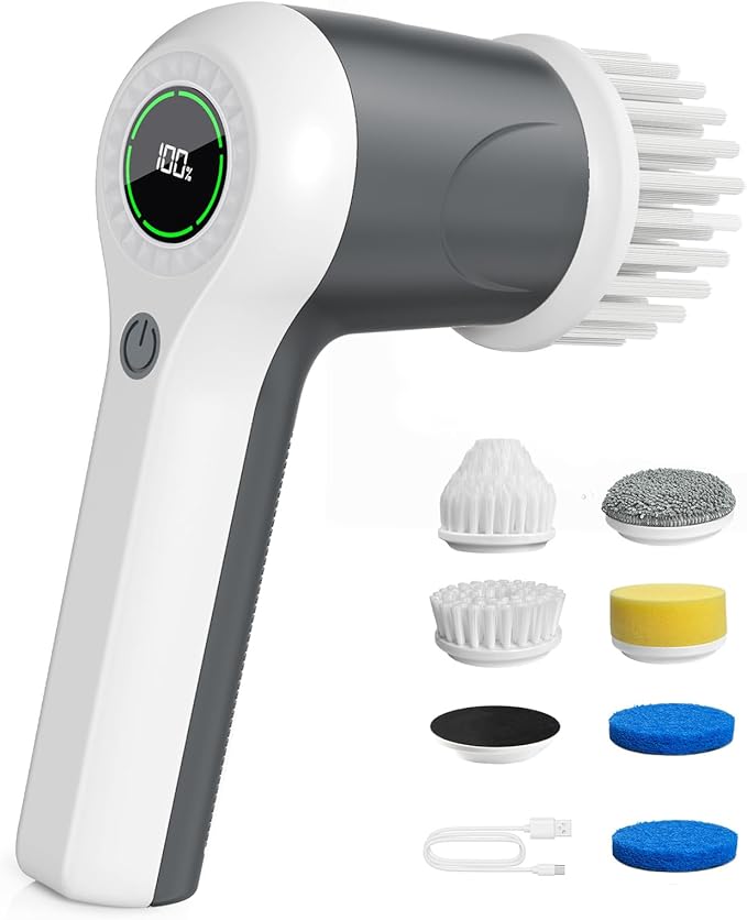 Electric Spin Scrubber, Cordless Shower Scrubber with Battery Level Display, 2 Speeds Electric Scrubber for Cleaning with 6 Replaceable Heads, Cleaning Brush for Bathroom/Sink/Window (Gray)
