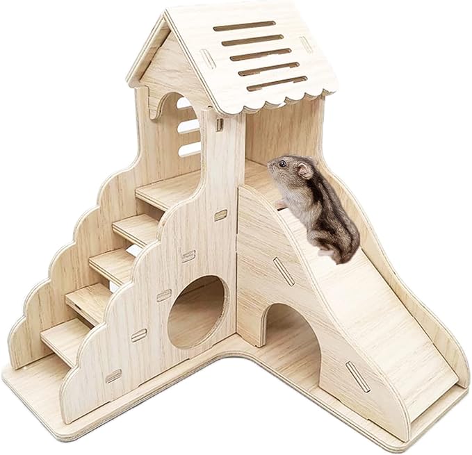 Hamster Hideout Cage Accessories - Hamster House and Habitat Wooden Hide Hut with Climbing Ladder and Slide for Dwarf Gerbils and Mouse Mice Rat Other Small Animals etc.