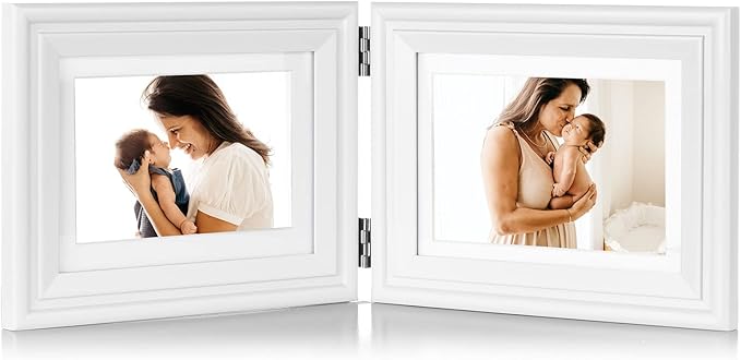 5x7 Double Horizontal Hinged Wood Picture Frame Folding Photo Frame with Real Glass Front in White for Tabletop, Display 4x6 with Mat or 5x7 without Mat X2-BAI-2H57