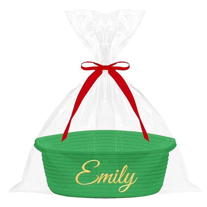 HUTARIO Personalized Woven Christmas Burr Basket Embroidered Name with Gift Bags and Ribbons,Empty Small Rope Basket，Durable Storage Custom Green Basket with Handles for Baby Showers,12"×8"×5"
