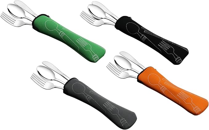 3-Piece Stainless Steel Picnic Cutlery, Portable Silverware Set for Work, Travel Utensil Set w/Case, 4-Pack