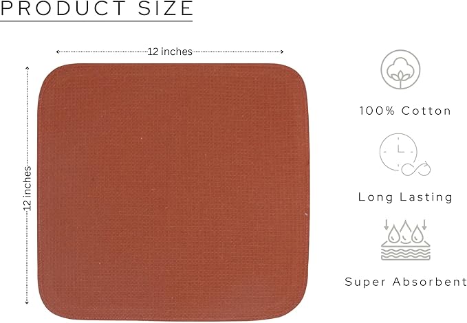 PurpleEssences Rust Dish Cloths and Dish Rags - 6 Pack Waffle Weave Solid Kitchen Dish Wash Cloths, 100% Cotton, 12 x 12 Inches, Ultra Soft Absorbent Quick Drying - Christmas Holiday Winter - Rust