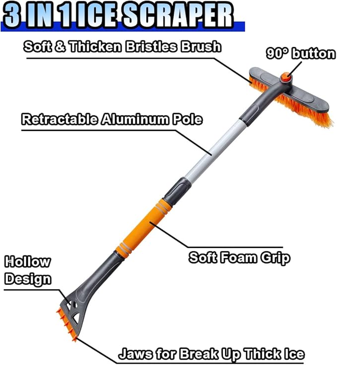 31.5" Detachable Snow Brush and Ice Scraper for Car Windshield, 2-in-1 Winter Snow Removal Tool with Extendable, 360° Rotating Soft Bristle Brush Head and Foam Grip for Most Vehicles (Orange)