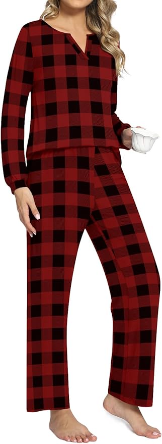 Anyally Women's Plus Size Pajama Sets Ladies Fall Pjs 2 Pieces Lounge Outfits V Neck Long Sleeves Sleepwear with Pockets