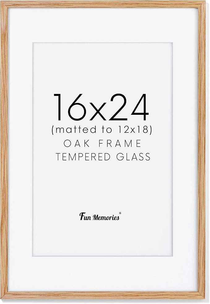 16x24 Wood Picture Frame, Real Oak Wood 16 x24 Frame for Wall, 16x24 Inch Poster Frame, 16x24 Picture Frame Matted to 12x18, 16 by 24 Wooden Frame, Natural Oak Color, 1 Pack