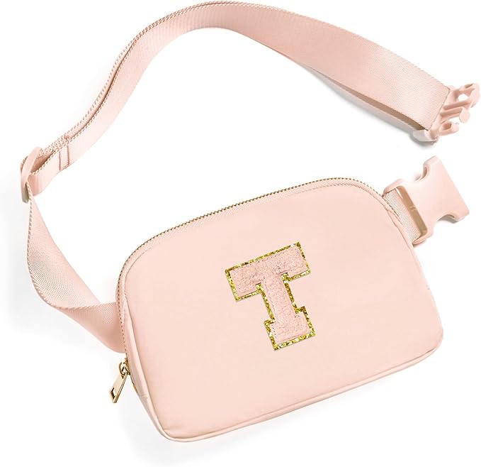 Gitus Gifts for 8 9 10 11 12 Year Old Girls Belt Bag Fanny Pack Crossbody Bags with Initial Letter Patch Cute Stuff Birthday Gifts for Teen Girls Women Personalized Trend Stuff (Coral Pink-T)