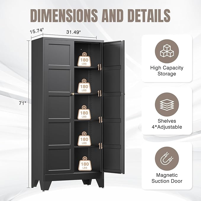 Yizosh Metal Storage Cabinet with 2 Doors and 4 Adjustable Shelves - 71" Black Kitchen Pantry Storage Cabinet,4-Tier Tall Steel Cabinet Locker for Living Room,Dining Room,Kitchen