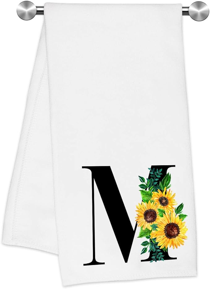 Monogrammed Sunflower Hand Towels,Ini-tial M Tea Towel Letter Kitchen Towels,Sunflower Gifts for Women,Monogram Dish Towel 17x23 Inch,Kitchen Bathroom Decorative Ini-tial Gifts for Mom Wife