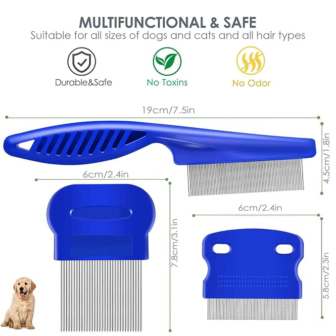 3 Pack Dog Grooming Comb, Flea Lice Pet Combs, Stainless Steel Cat Combs with Rounded Teeth, Professional Metal Tear Stain Remover, Dematting Tool for Small, Medium & Large Pets
