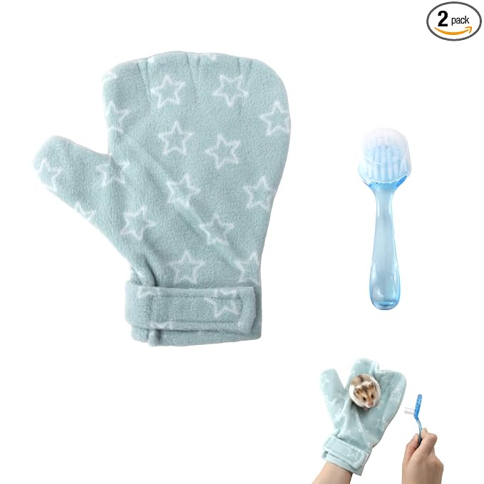 1Pcs Hamster Bite Proof Glove and Grooming Brush Set, Adjustable Hamster Glove, Lid Soft Cleansing Brush Massage Combs, Guinea Pig Brush, Hamster Care Set for Hamsters, Ferrets, Hedgehog (Green Stars)
