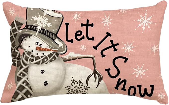 AVOIN colorlife Christmas Winter Snowman I Smell Snow Throw Pillow Cover, 12 x 20 Inch Winter Holiday Pink Cushion Case Decoration for Sofa Couch