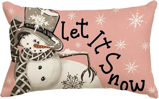 AVOIN colorlife Christmas Winter Snowman I Smell Snow Throw Pillow Cover, 12 x 20 Inch Winter Holiday Pink Cushion Case Decoration for Sofa Couch