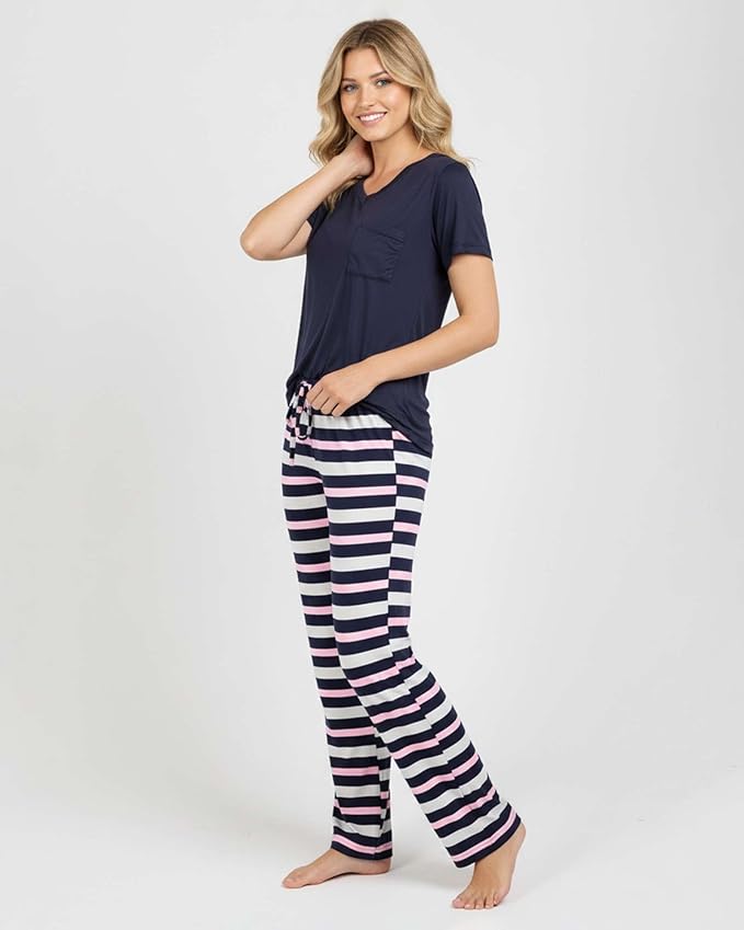 Real Essentials 2 Pack: Women's Comfy Pajama Sets - Short & Long Sleeve Ladies Loungewear Sleepwear PJs (Available In Plus)