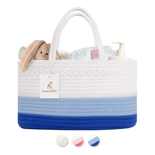 Baby Diaper Caddy Organizer, Extra Large Cotton Rope Nursery Diaper Basket, Changing Table Organizer, Portable Tote Bag with Divider, Car Storage, Baby Shower Gifts for Newborn Boys - Blue