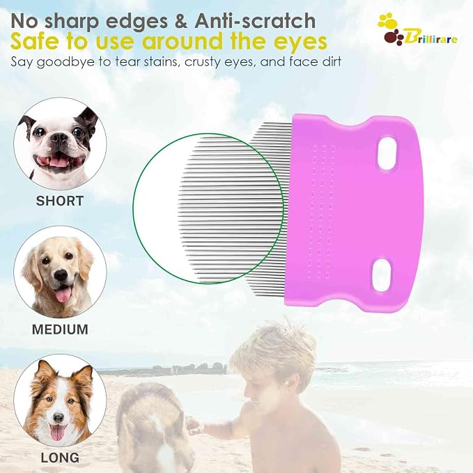 4 Pack Eye Comb, Stainless Steel Pet Tear Stain Professional Remover, Dog Cat Flea Lice Grooming Combs with Gentle Rounded Teeth, Eye Gunk Removal, Dematting Tool for Small, Medium & Large Pets