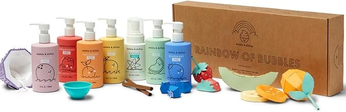 Dabble & Dollop Rainbow of Bubbles – Natural 4-in-1 Bath Set for Kids, Includes Bubble Bath, Body Wash, Shampoo, No Parabens/Sulfates, Vegan, Gluten-Free, Tear-Free (7-Pack)