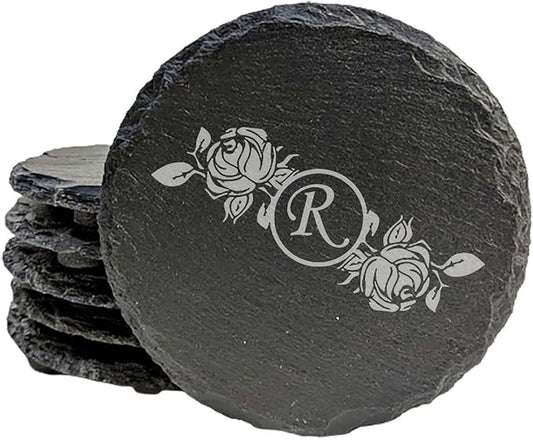 Initial Inspiration: Personalized Slate Coasters with Rose Monogram - Round Slate - Set of 4