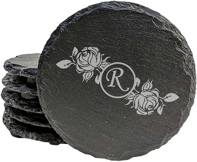 Initial Inspiration: Personalized Slate Coasters with Rose Monogram - Round Slate - Set of 5