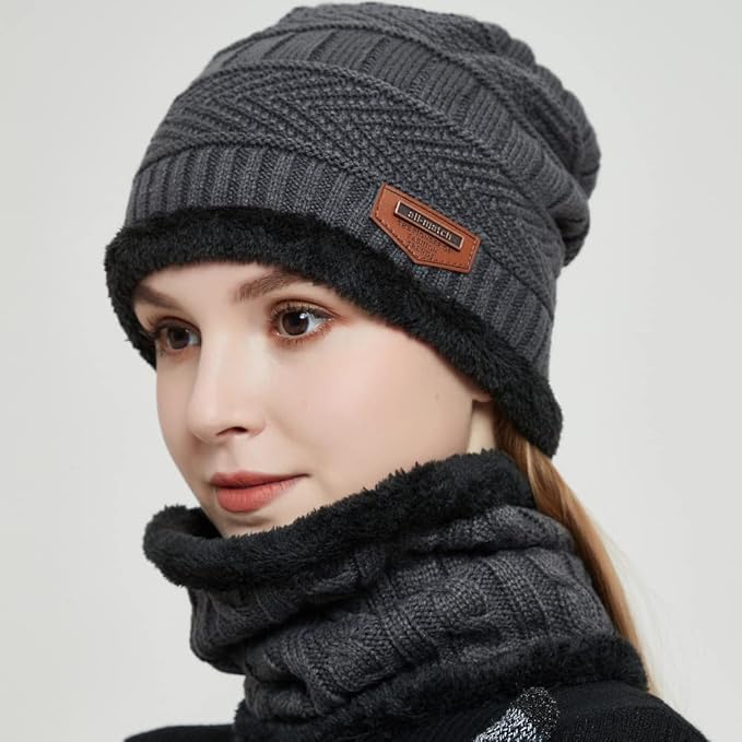 MAYLISACC Winter Knit Beanie Hat Neck Warmer Scarf and Touch Screen Gloves Set 3 Pcs Fleece Lined Skull Cap for Men Women