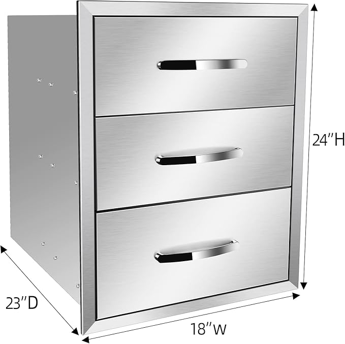 Outdoor Kitchen Drawers Stainless Steel 18W X 24H X 23D Inch, Flush Mount Triple BBQ Island Drawers with Handle for Outdoor Kitchens, Patio or Grill Station