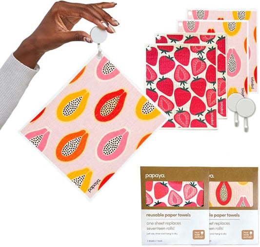 Papaya Reusable Paper Towels, Premium Swedish Dishcloths, Washable Reusable Dish Cloths, 1 Sheet Replaces 17 Rolls, Eco Friendly Stocking Stuffer - 4 Sheets, 2 Hooks