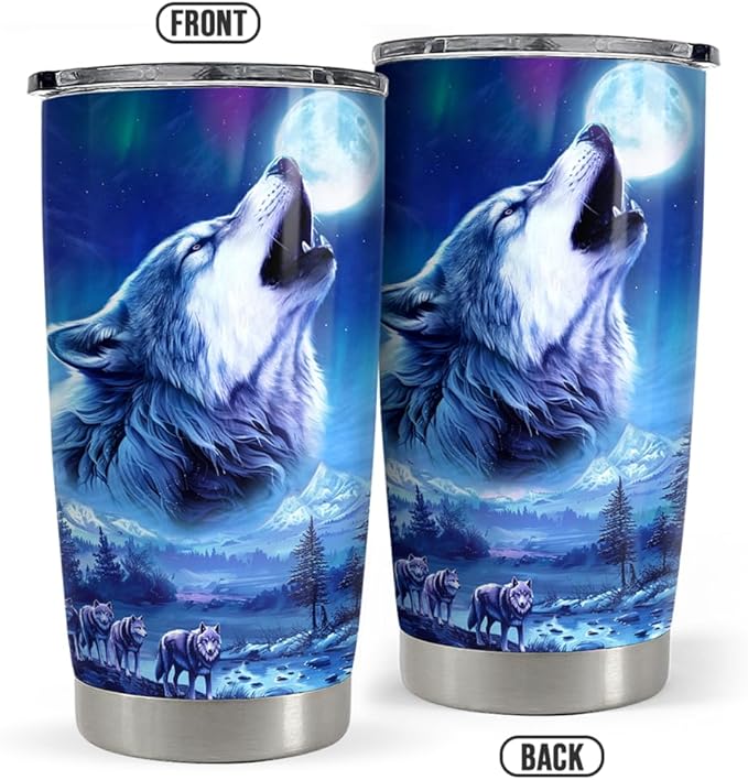 SANDJEST Wolf Tumbler 20oz Stainless Steel Insulated Coffee Cup Tumblers Wolf Gifts for Men Husband Dad Gift for Birthday Christmas Fathers Day