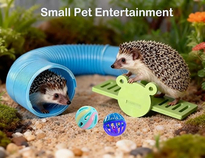 Hedgehog Ferret Enrichment Toys Set, Includes Hideout Tunnel, Skateboard, Ball Bell, Cozy Bed, and Seesaw, 5 Piece Hamster Small Animal Tunnel Hide