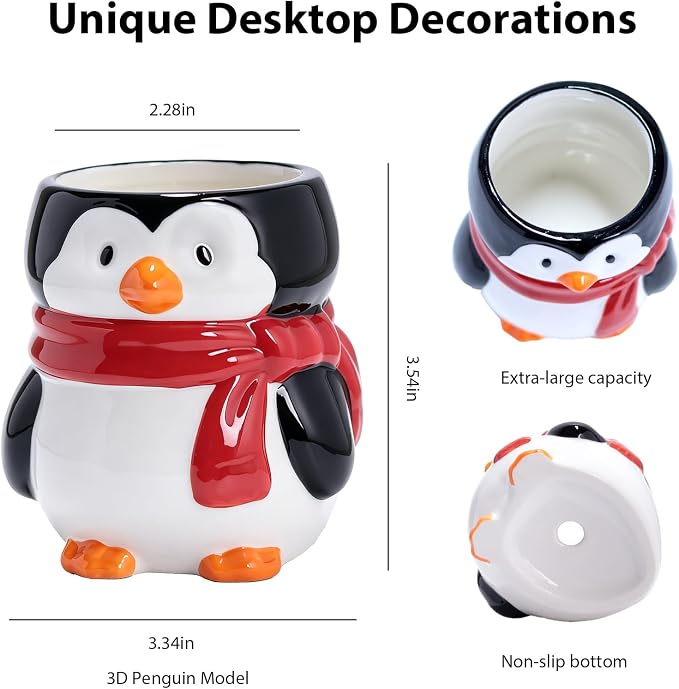 Ceramic Penguin Shaped Pen Pencil Holder for Desk Decoration Accessories Penguin Decor Makeup Brush Pen Cups Succulent Plant Pot Office School Ideal Gifts for Women, Mom or Birthdays