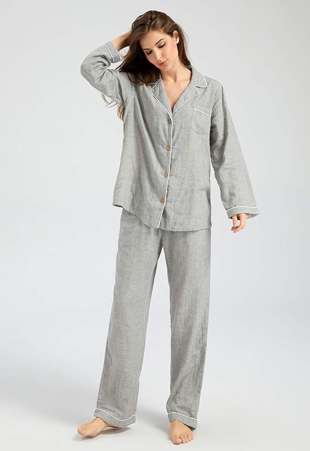 Womens Pajama Sets 100% Double Gauze Cotton Linen Like Muslin Pajamas Long Sleeve Button Down Sleepwear Soft Pjs Lounge Set