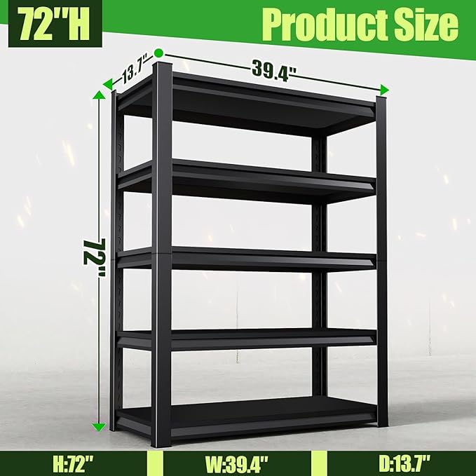 Garage Shelving,Heavy Duty Garage Storage Shelves,Metal Shelving Unit,5 Tier Adjustable Steel Utility Shelf,Use for Basement,Warehouse, Pantry Closet,Black (72" H*39.4" W*13.7" D)