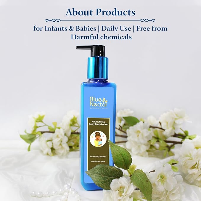 Blue Nectar Baby Lotion with Nourishing Organic Ghee, Body Butters and Ayurvedic Baby Oils Baby skincare | Infant Body lotion | Gentle moisturizer for Kids (12 Herbs,6.76 FlOz)